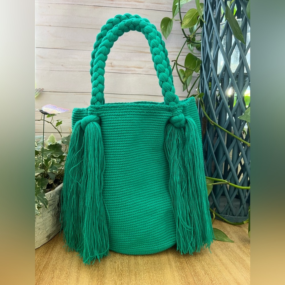 Classic Boho Chic Teal  Top Handle Wayuu Bag - Handwoven Trendy Tote Bag